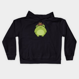 Kawaii Cowboy Frog - Cottagecore Aesthetic Toad with Sheriff Badge - Chubby Wild West Froge Kids Hoodie